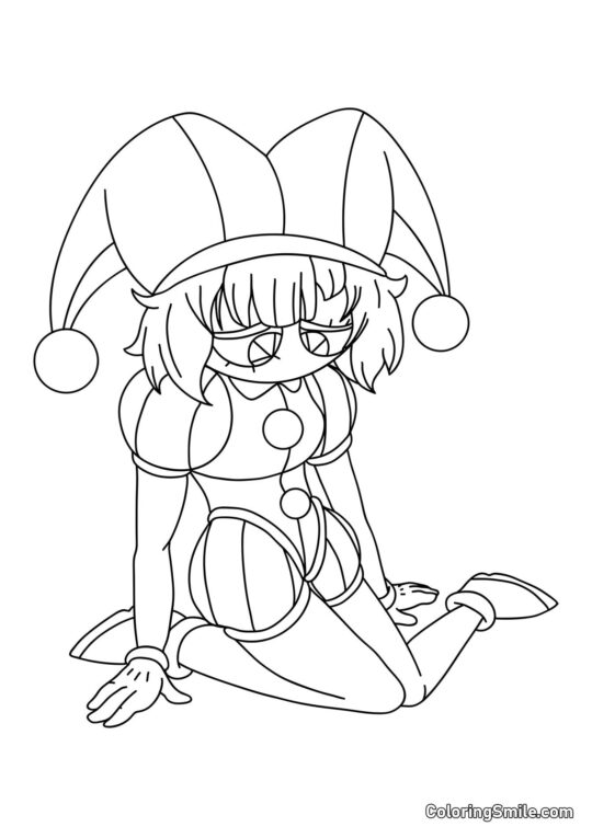 Pomni siedząca na kolanach - Kolorowanka