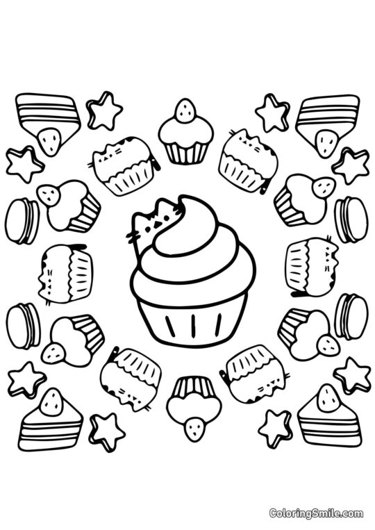 Pusheen kot i słodycze (Terapia sztuką) - Kolorowanka