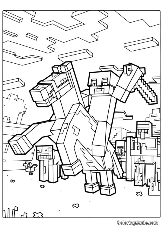 Steve jeżdżący na Koniu - Kolorowanka