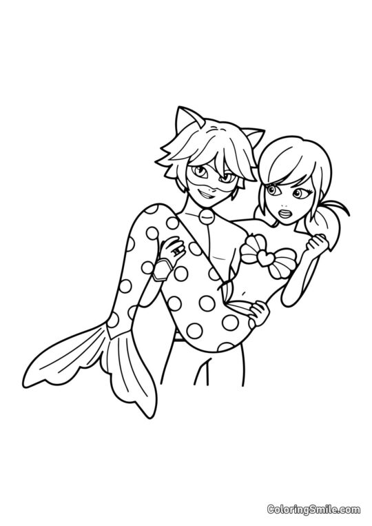Syrena Biedronka w ramionach Cat Noira Syrena Biedronka w ramionach Cat Noira - Kolorowanka