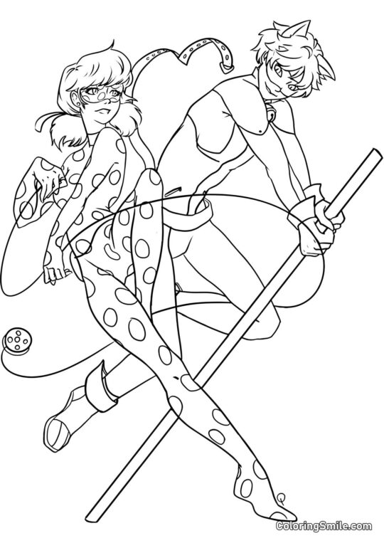Biedronka i Cat Noir rysujący Biedronka i Cat Noir rysujący - Kolorowanka