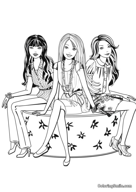 Barbie na ławce z przyjaciółmi Barbie na ławce z przyjaciółmi - Kolorowanka