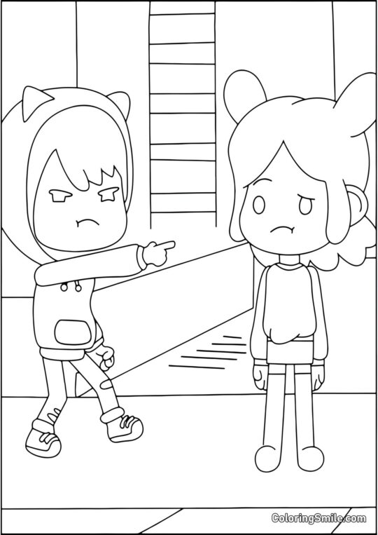 Toca Boca Zeke wskazuje palcem na Ritę - Kolorowanka