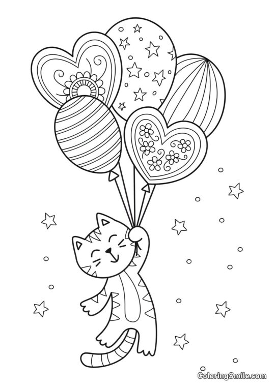 Kot z Balonami na Kartkę - Kolorowanka