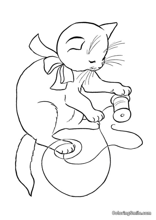 Kot Bawiący się Sznurkami - Kolorowanka