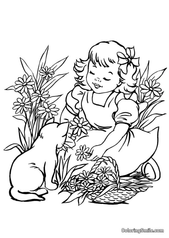 Kot i Dziewczyna Zbierające Rumianki - Kolorowanka