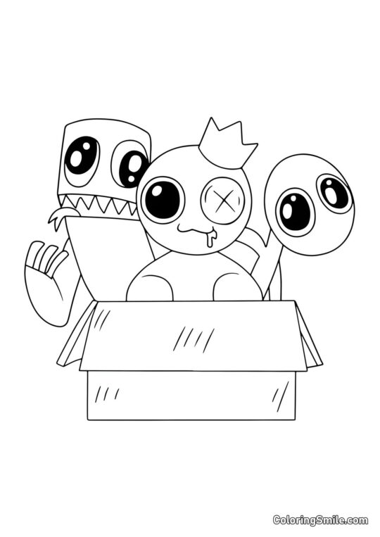 Niebieski, Zielony i Fioletowy siedzący w pudełku Niebieski, Zielony i Fioletowy siedzący w pudełku - Kolorowanka