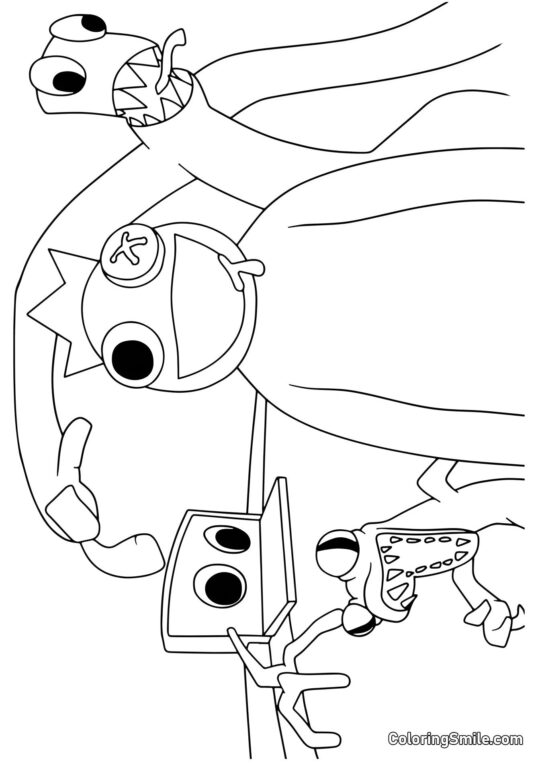 Niebieski, Zielony, Pomarańczowy i Fioletowy z Rainbow Friends Niebieski, Zielony, Pomarańczowy i Fioletowy z Rainbow Friends - Kolorowanka