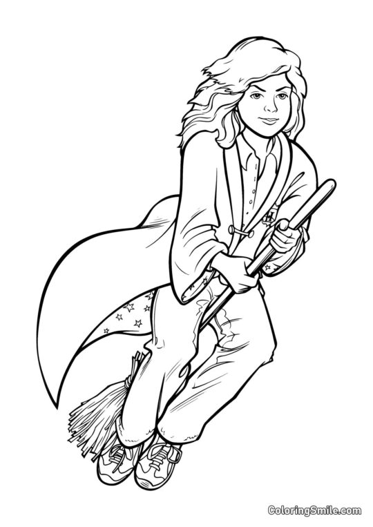 Kreskówkowa Hermione na miotle - Kolorowanka