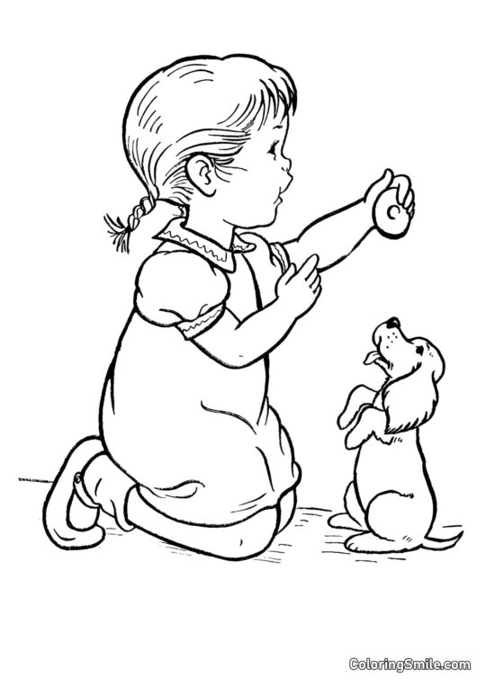 Dziewczynka traktująca swojego psa - Kolorowanka