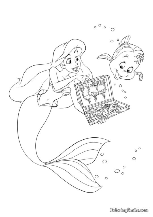 Ariel pokazuje Flądrze swoje znaleziska - Kolorowanka