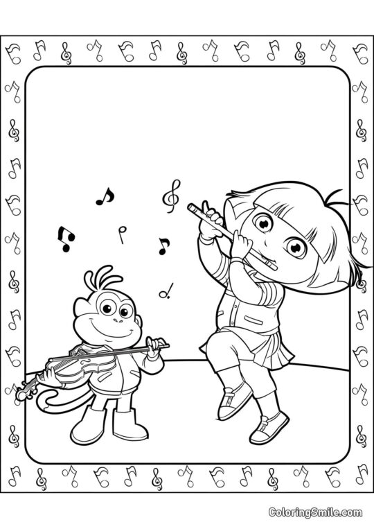 Dora z fletnią, Butek z skrzypcami Dora z fletnią, Butek z skrzypcami - Kolorowanka