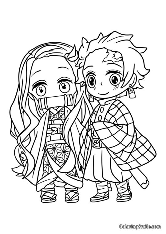 Chibi Tanjiro i Nezuko - Kolorowanka