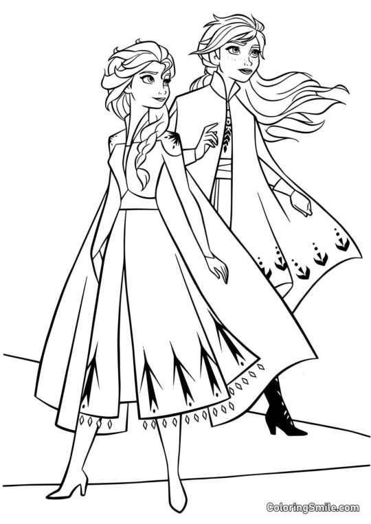 Anna i Elsa w drodze do zaczarowanego lasu Anna i Elsa w drodze do zaczarowanego lasu - Kolorowanka